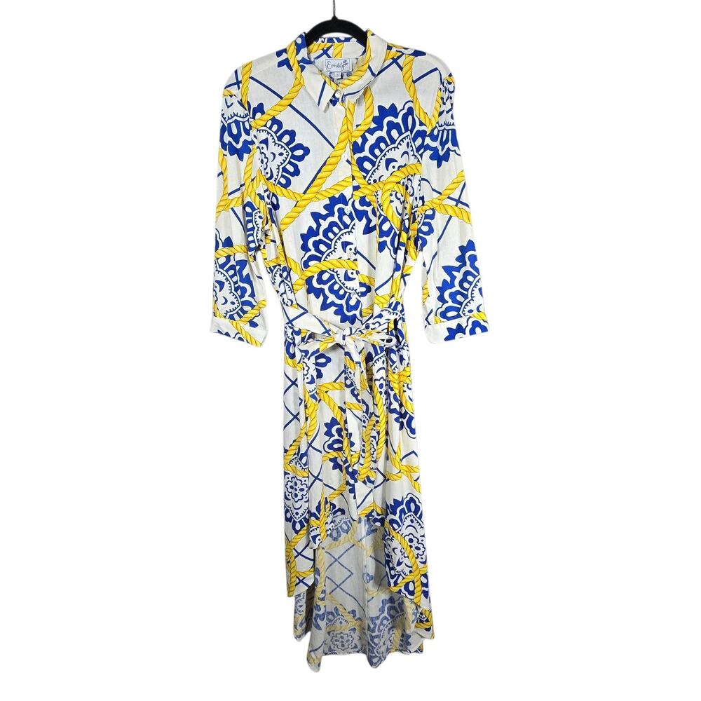 Everlily Nautical Rope Dress Large Blue White Linen Blend Maxi Hi-Low Shirtdress